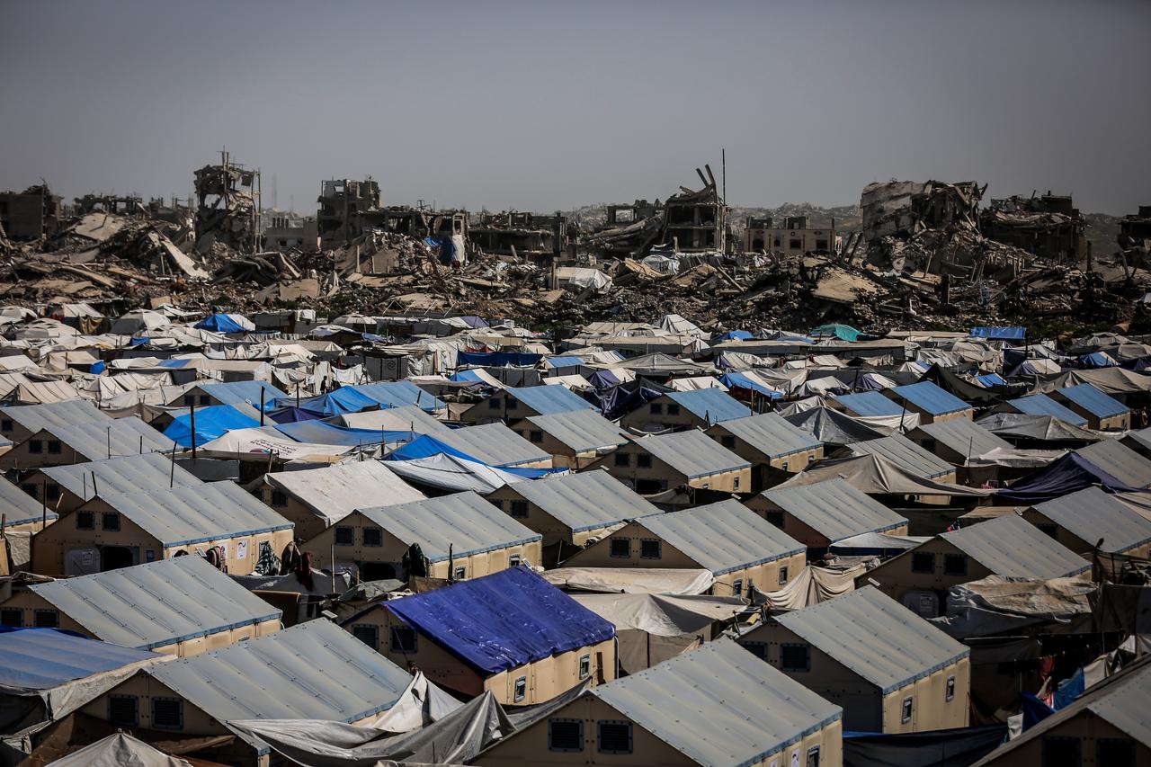 A view of prefabricated tents made by United Nations Development Programme (UNDP) amid the rubble left behind by Israeli attacks in Gaza Strip, February 16, 2026. (AA Photo)