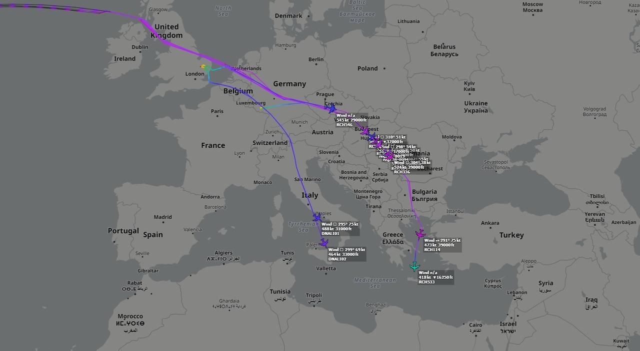 A screengrab from a flight-tracking program shows dozens of US Air Force tankers escorting fighter jets to the Middle East. (Photo via X)