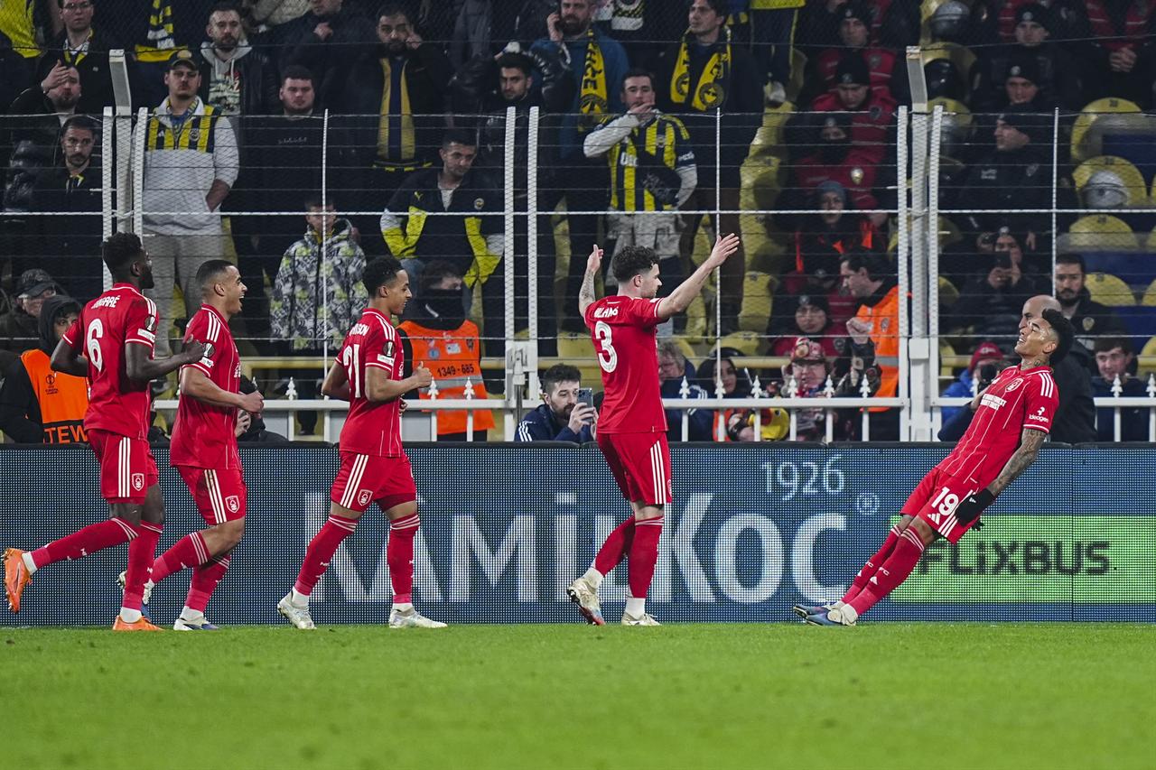 Igor Jesus (19) of Nottingham Forest celebrates after scoring a goal during first leg of the UEFA Europa League round of 16 play-off between Fenerbahce and Nottingham Forest at Chobani Stadium, in Istanbul, Türkiye, on February 19, 2026. (AA Photo)