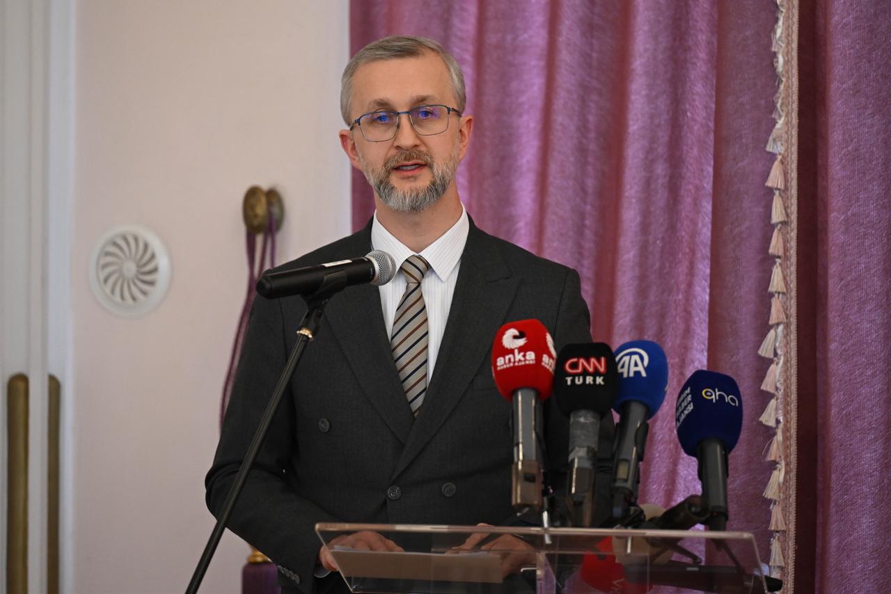 Poland’s Ambassador to Ankara, Maciej Lang (not seen), Ukraine’s Ambassador to Ankara, Nariman Celal, and Chargé d’Affaires of the European Union Delegation to Türkiye, Jurgis Vilcinskas (not seen), made statements regarding the war in Ukraine in Ankara, Türkiye on February 19, 2026. (AA Photo)