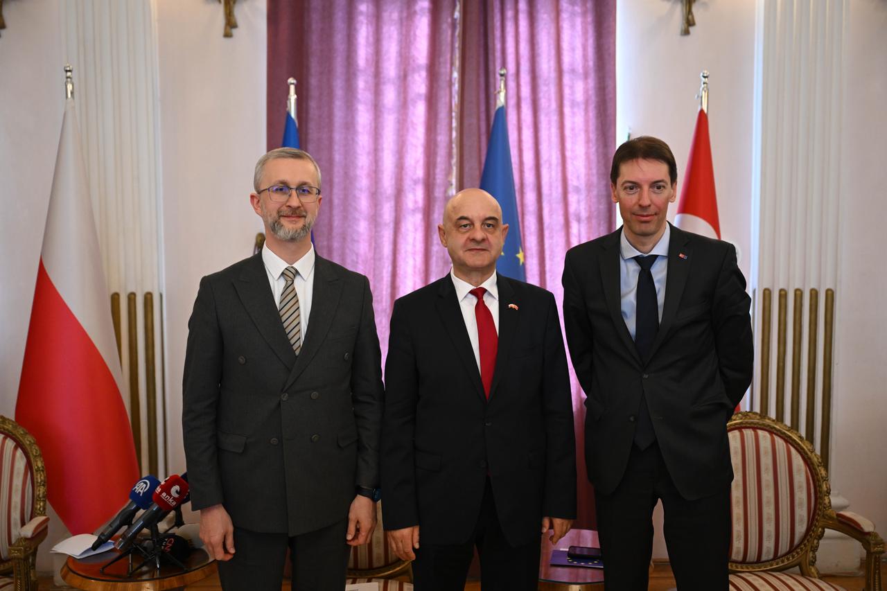 Poland’s Ambassador to Ankara, Maciej Lang (L), Ukraine’s Ambassador to Ankara, Nariman Celal (C), and Chargé d’Affaires of the European Union Delegation to Türkiye, Jurgis Vilcinskas, made statements regarding the war in Ukraine in Ankara, Türkiye on February 19, 2026. (AA Photo)