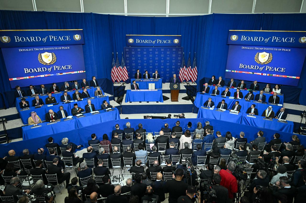 U.S. President Donald Trump delivers remarks during the inaugural meeting of the "Board of Peace" at the US Institute of Peace in Washington, DC, on February 19, 2026. (AFP Photo)