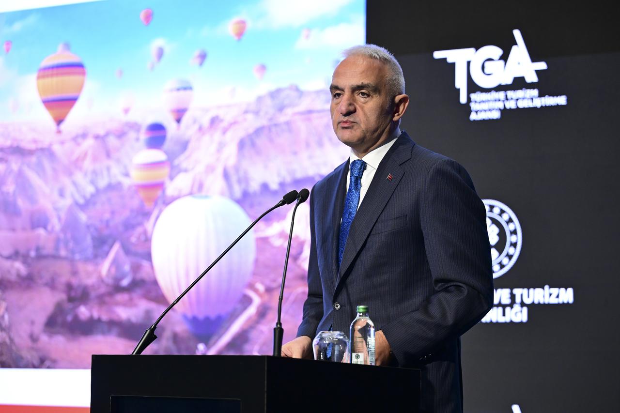 Culture and Tourism Minister Mehmet Nuri Ersoy speaks during a program on supporting Turkish TV series contributing to global tourism promotion at the Ataturk Cultural Center in Istanbul, Türkiye, Feb. 18, 2026. (AA Photo)