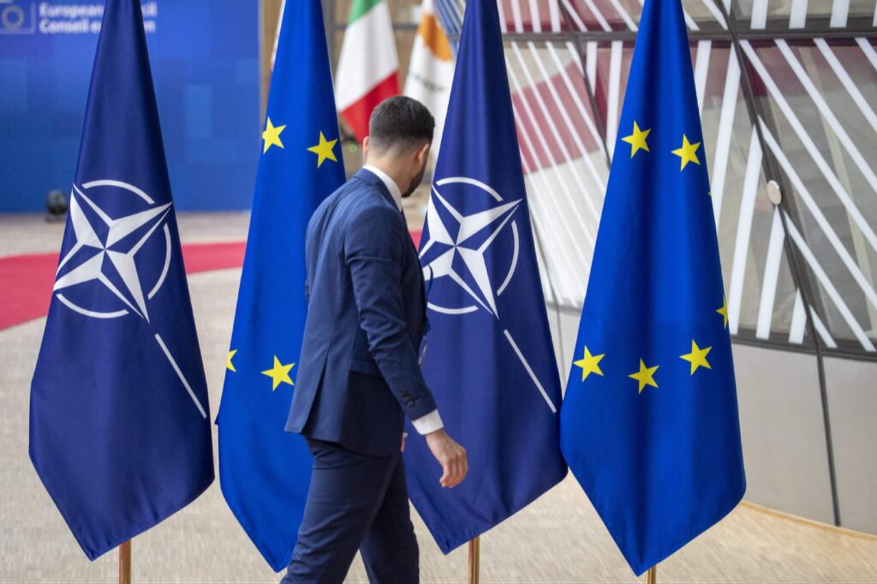 NATO flags pictured during a meeting of the European council, at the European Union (EU) headquarters in Brussels, 29 June 2023. (AFP Photo)