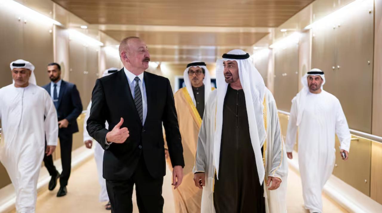 UAE President Sheikh Mohamed with Ilham Aliyev, President of Azerbaijan in Abu Dhabi on Feb. 2, 2026. (Photo via UAE Presidential Court)