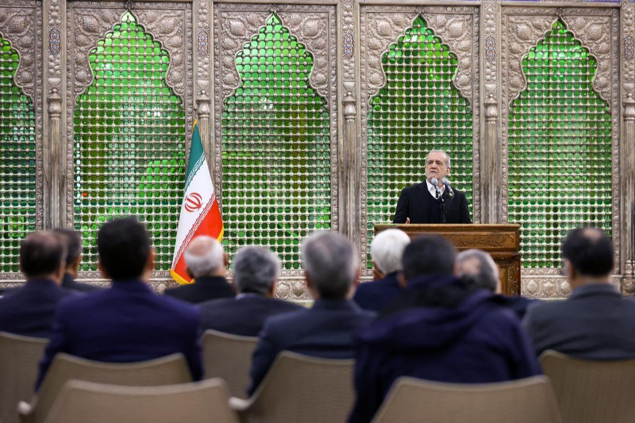 Iranian President Masoud Pezeshkian attends a ceremony held at the mausoleum of Ayatollah Ruhollah Khomeini, in southern Tehran, Jan. 31, 2026. (Photo via Iranian Presidency/Handout)
