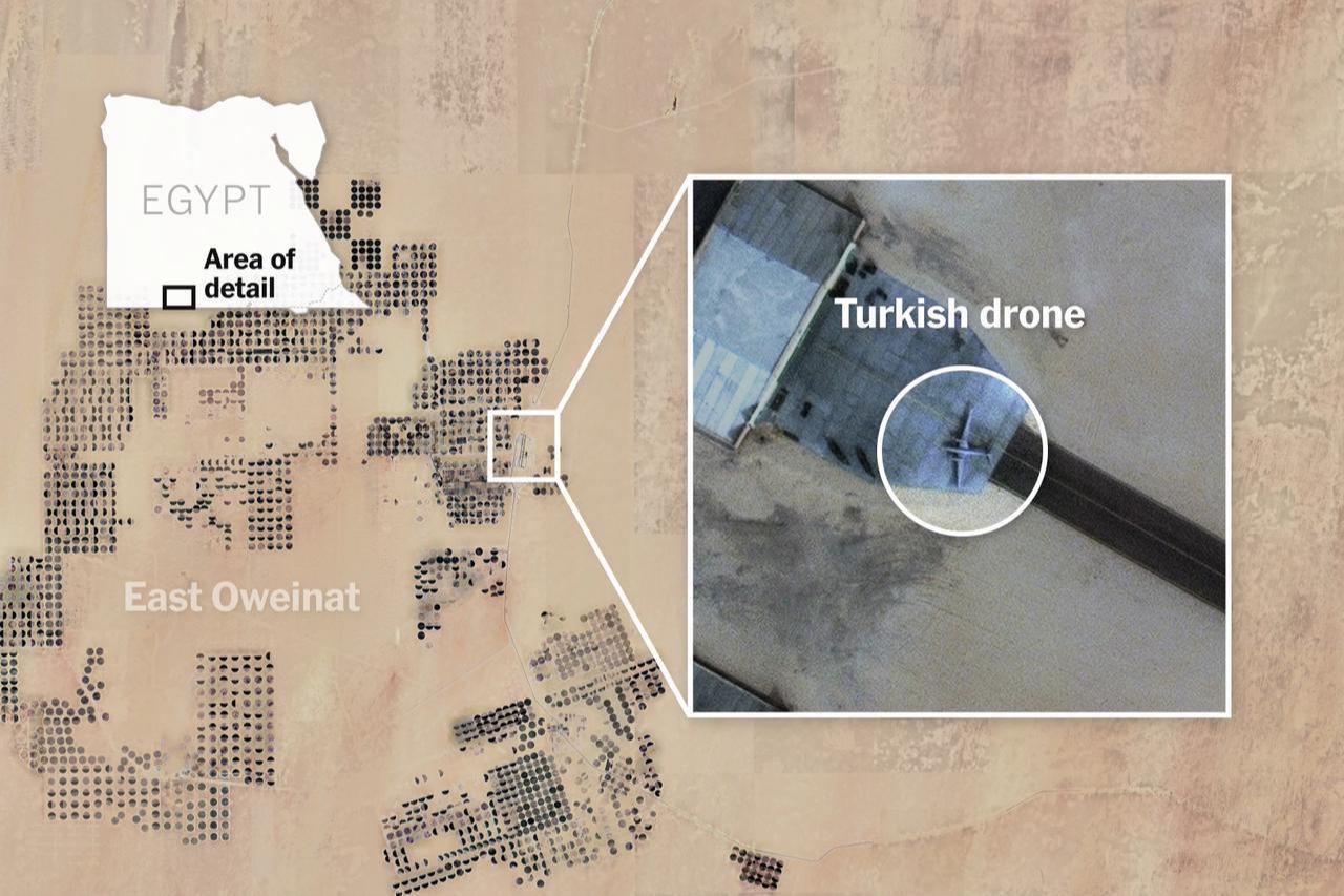 A screengrab from New York Times's investigation shows allegedly a Bayraktar Akinci UCAV in East Oweinat in Egypt, near Sudan border. (Photo via NYT)