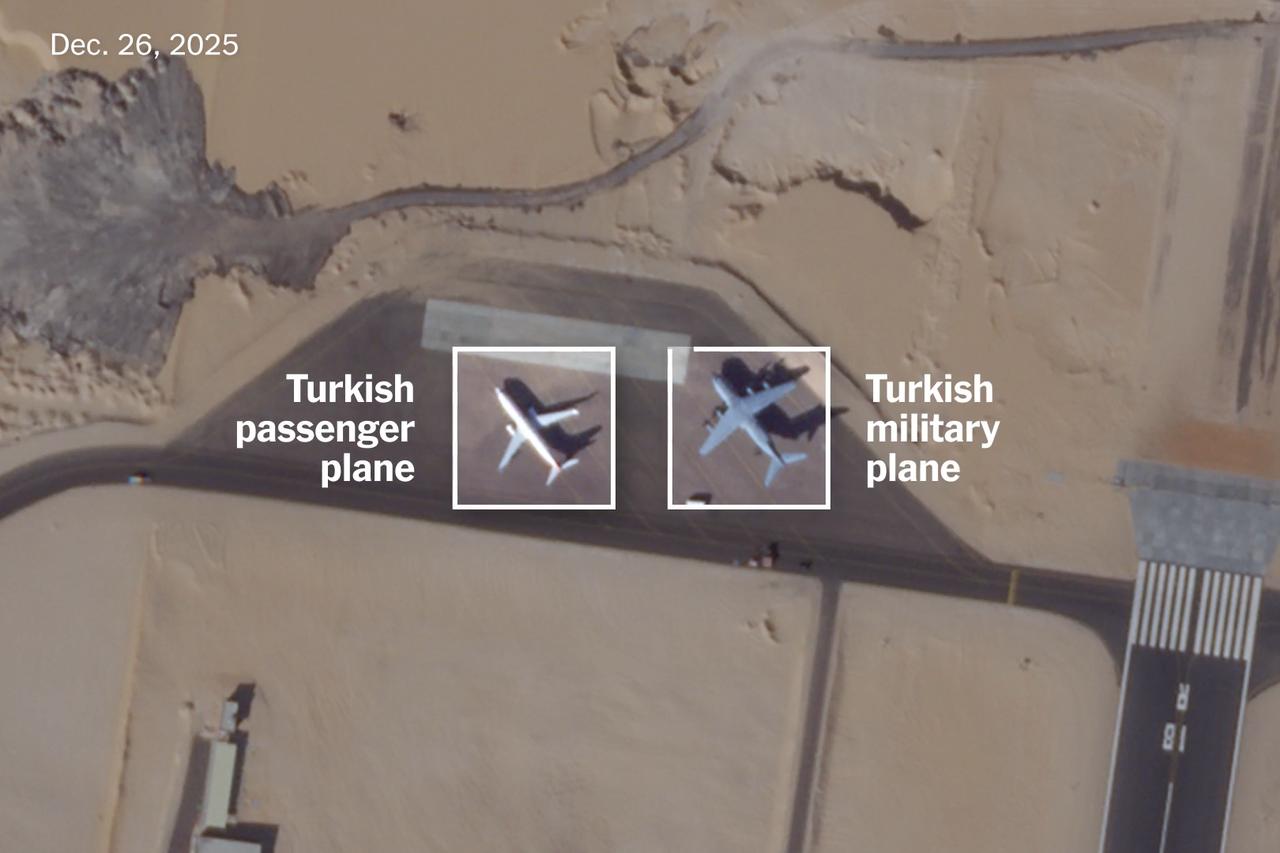 A screengrab from New York Times's investigation shows allegedly a Turkish military plane and Turkish passenger plane in East Oweinat in Egypt, near Sudan border. (Photo via NYT)