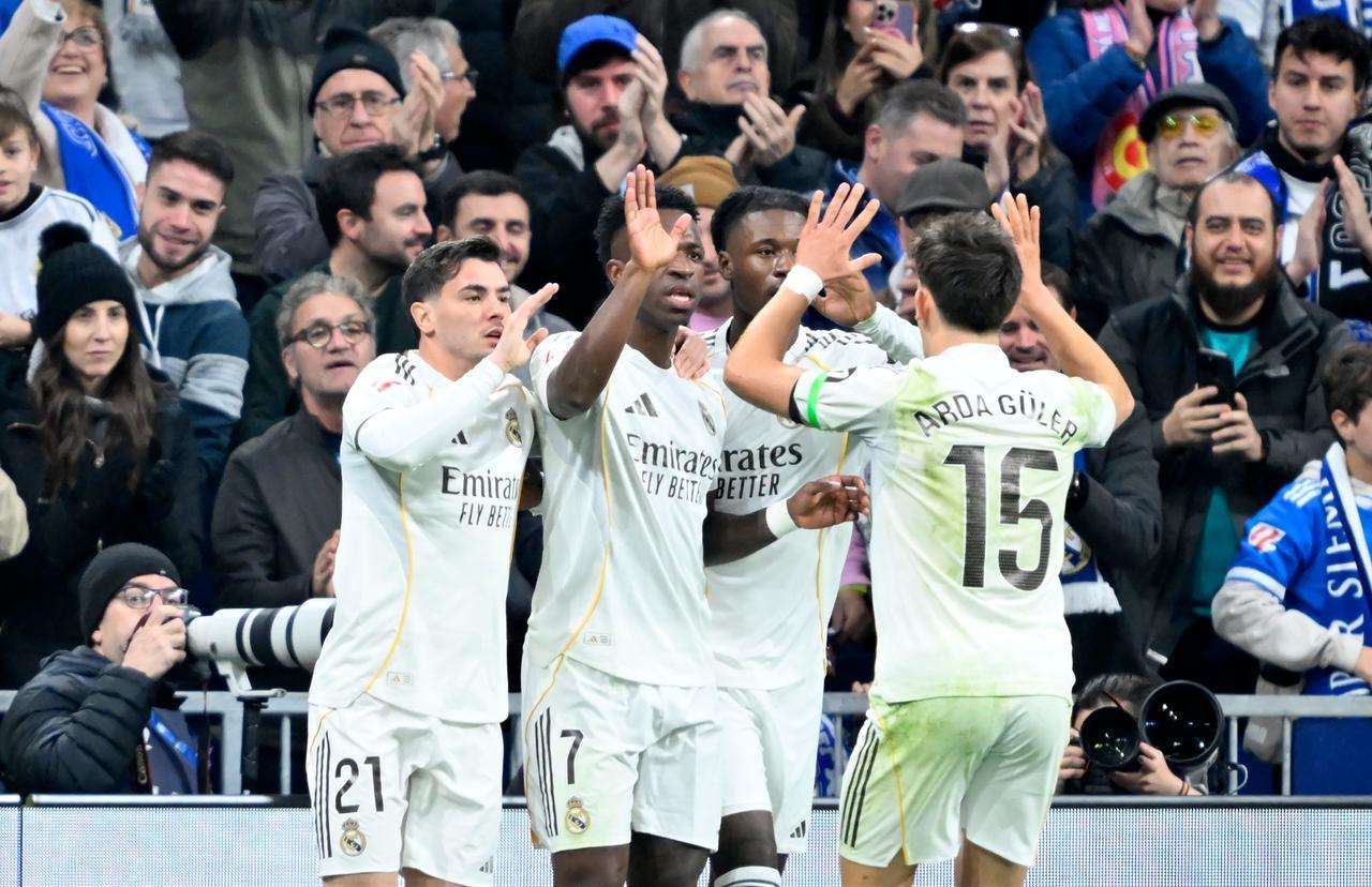 Vinicius Junior of Real Madrid celebrates after a goal during La Liga week 22 football match between Real Madrid and Rayo Vallecano Bernabeu Stadium in Madrid, Spain, February 1, 2026. (AA Photo)