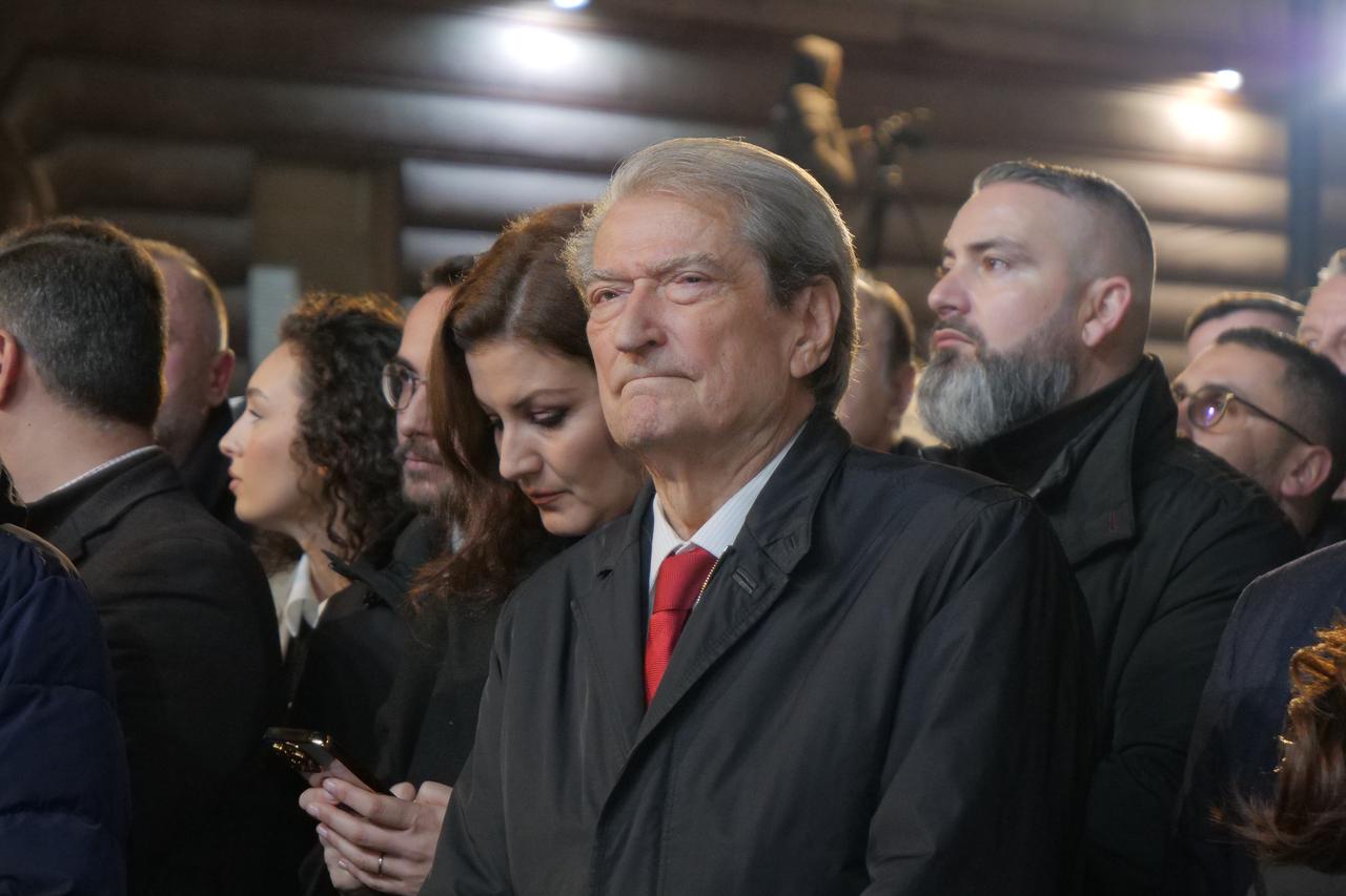 Democratic Party (PD) Chairman Sali Berisha is seen as thousands of protesters gather in the Albanian capital Tirana at the call of the opposition PD to stage a demonstration, Jan. 24, 2026. (AA Photo)