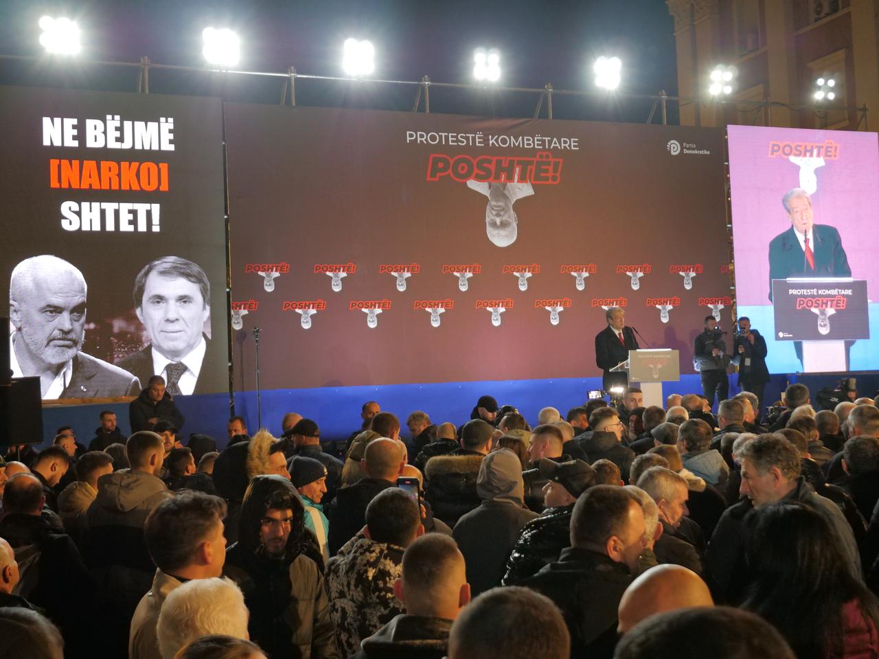 Democratic Party (PD) Chairman Sali Berisha makes a speech as thousands of protesters gather in the Albanian capital Tirana on January 24, 2026. (AA Photo)