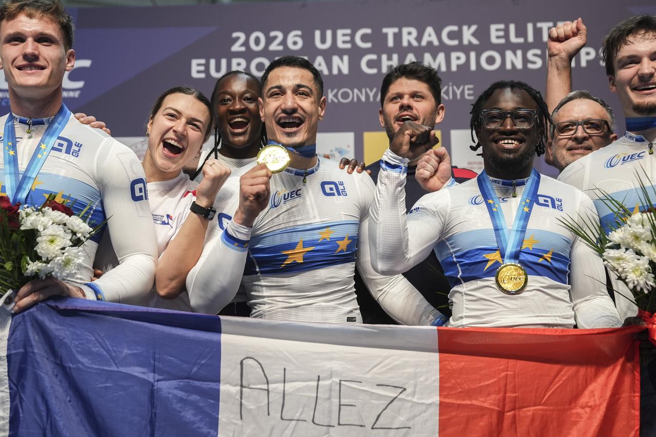 Team France poses with gold medal after competing men's team sprint race during 2026 UEC Track Cycling European Championships in Konya, Türkiye, Feb. 1, 2026. (AA Photo)