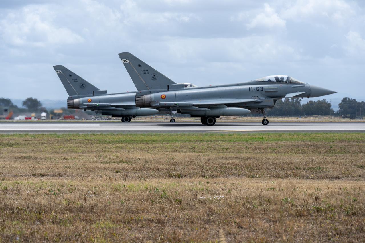 Two Spanish Air Force Eurofighter Typhoon fighter jets on an airfield ready for takeoff in Moron, Spain, May 3, 2023. (Adobe Stock Photo)