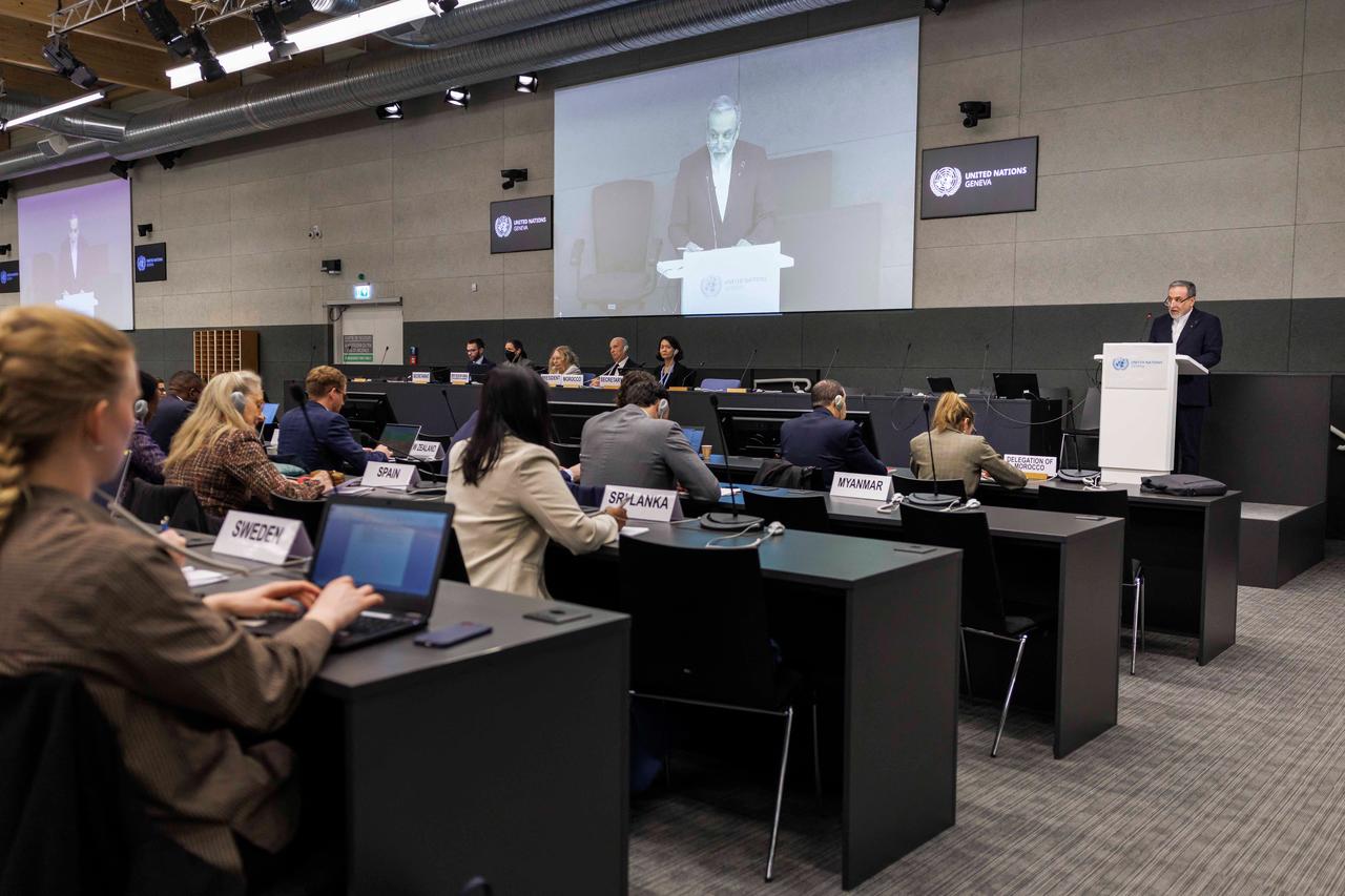 Iran's Foreign Minister Abbas Araghchi (Far R) delivers a speech during a session of the United Nations Conference on Disarmament, on the sideline of a second round of US-Iranian talks in Geneva, Switzerland on February 17, 2026. (AFP Photo)