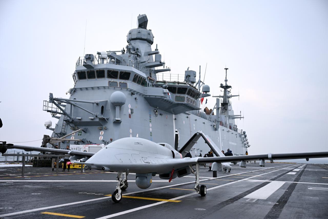 Bayraktar TB3 armed unmanned aerial vehicle (UCAV) along with TCG Anadolu, an amphibious assault ship of the Turkish Navy, at Baltic Sea in northern Germany, Feb. 17, 2026. (AA Photo)