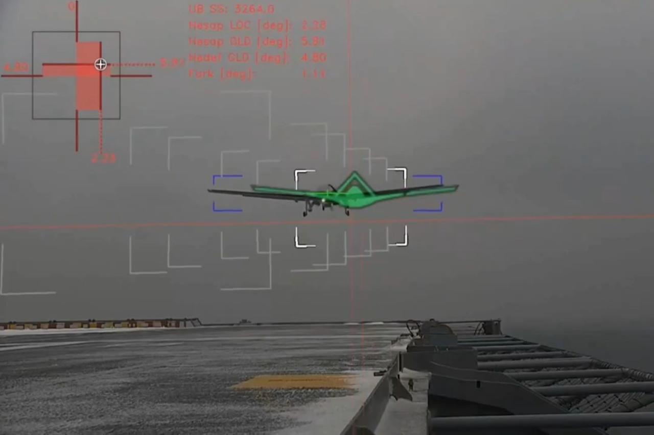 Photo shows the AI-powered automatic landing system on Bayraktar TB3 armed drone that helps it to land autonomously on TCG Anadolu. (Photo via X/@BaykarTech)