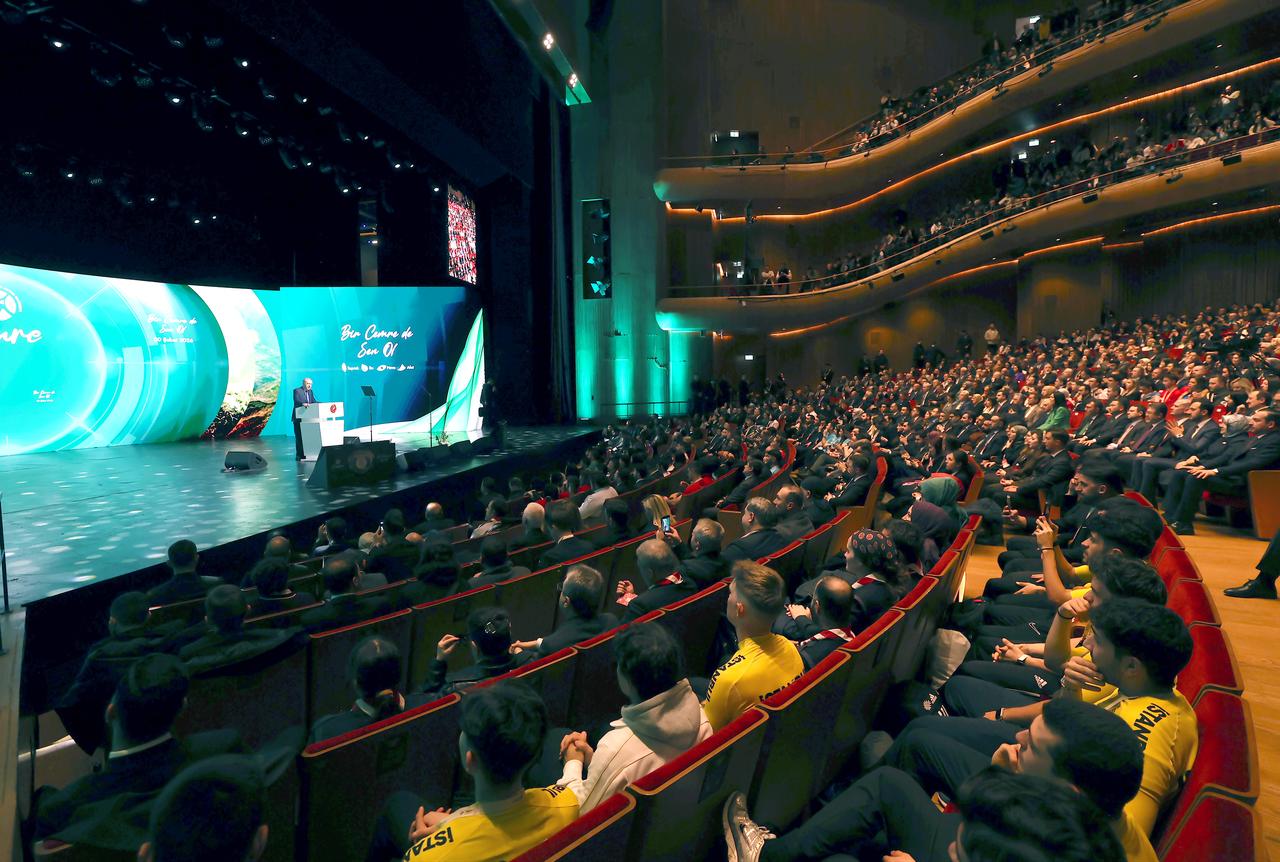 Turkish President Recep Tayyip Erdogan delivers a speech during the Cemre Foundation Publicity Event at Ataturk Cultural Center in Istanbul, Türkiye on February 20, 2026. (AA Photo)