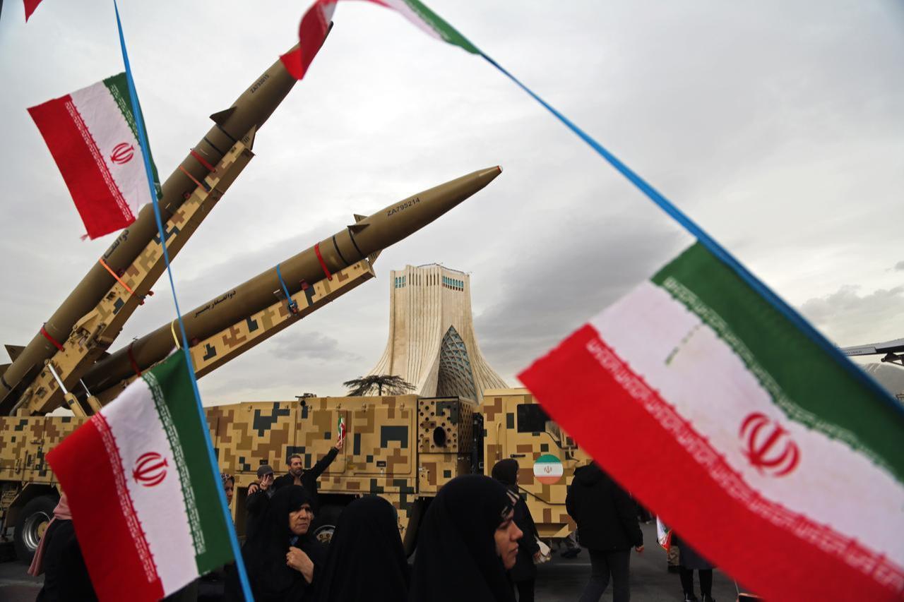 Missiles produced by Iran are displayed during celebrations as hundreds of citizens gather at Tehran’s Azadi Square in Tehran, Iran, February 11, 2026. (AA Photo)