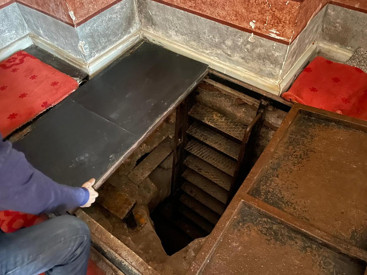 A hidden hatch inside Molla Zeyrek Mosque is opened to access underground passages beneath the historic structure in Istanbul, Türkiye, Feb. 17, 2026. (Photo by Koray Erdogan/Türkiye Today)
