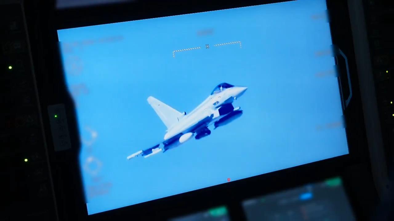 A Eurofighter Typhoon fighter jet seen from Bayraktar TB3 UCAV's ASELFIR-500 electro-optical reconnaissance, surveillance, and targeting system during NATO's Steadfast Dart 2026 exercise. (Photo via X/@BaykarTech)