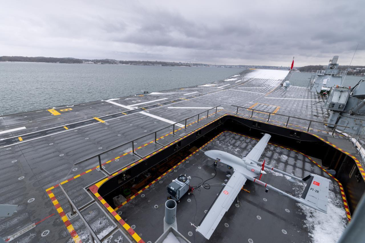 The Bayraktar TB3 unmanned combat aerial vehicle (UCAV), deployed on board TCG Anadolu as part of NATO's Steadfast Dart 2026 exercise, February, 2026. (AA Photo)