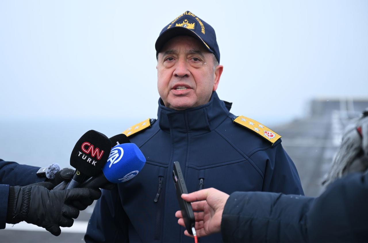 Commander of the Turkish Naval Forces, Admiral Ercument Tatlioglu, speaks to the press on TCG Anadolu during NATO Steadfast Dart-2026 in Germany, Feb. 17, 2026. (AA Photo)