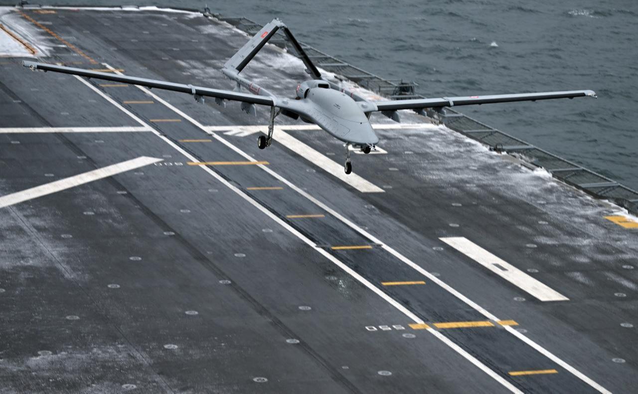 The Bayraktar TB3 unmanned combat aerial vehicle (UCAV), deployed on board TCG Anadolu as part of NATO's Steadfast Dart 2026 exercise, February, 2026. (AA Photo)
