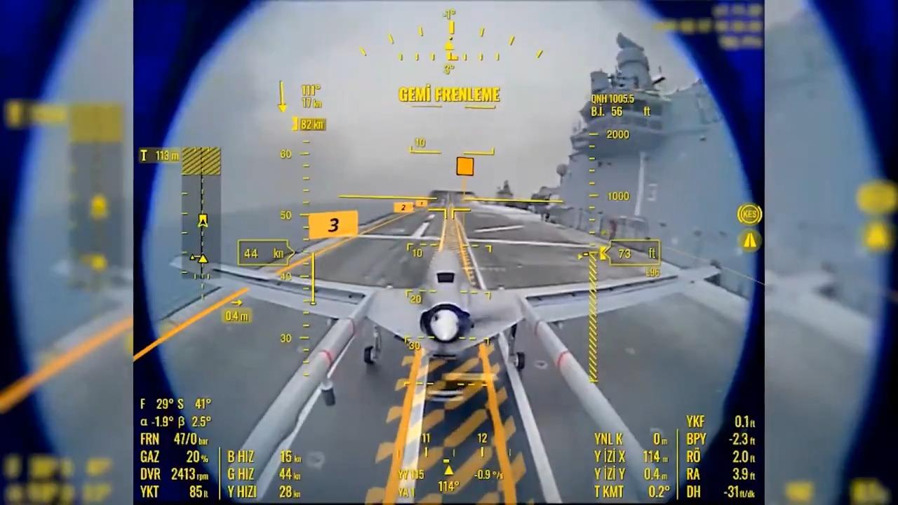 Photo shows the AI-powered automatic landing system on Bayraktar TB3 UCAV that helps it to land autonomously on TCG Anadolu. (Photo via X/@BaykarTech)