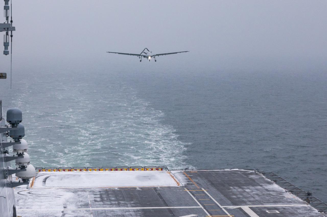 The Bayraktar TB3 UCAV, deployed on board TCG Anadolu as part of NATO's Steadfast Dart 2026 exercise, on February 18, 2026. (Photo via Baykar/Handout)