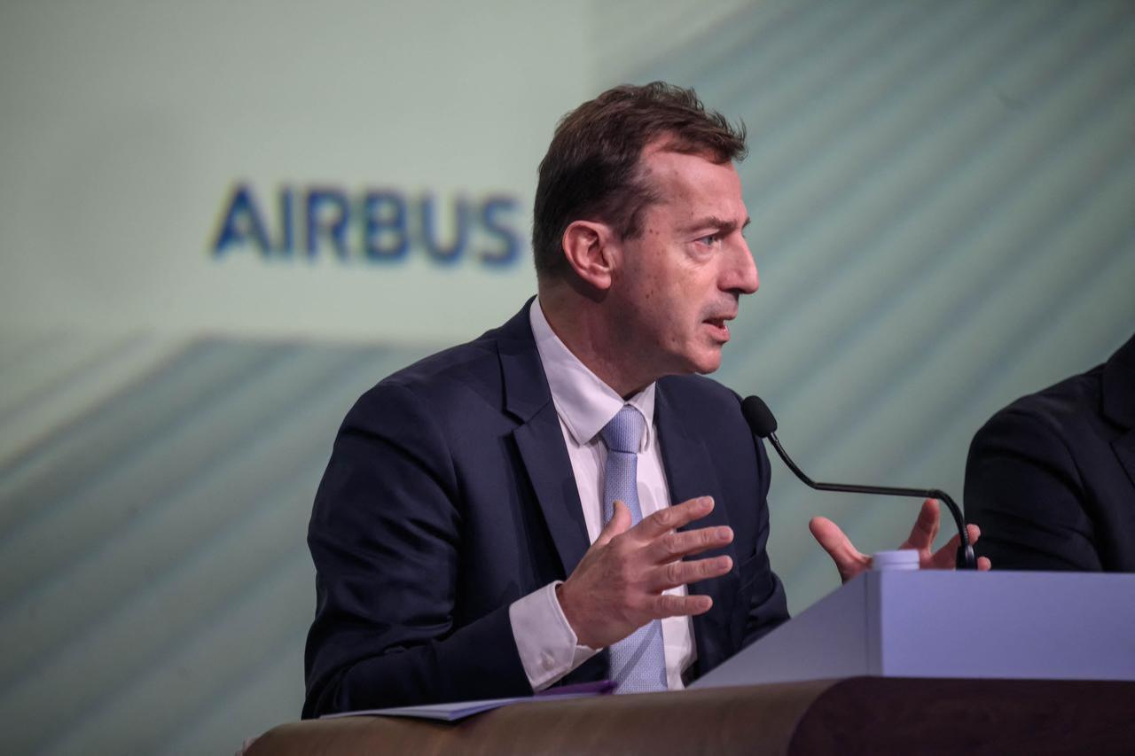 Airbus Chief executive officer (CEO) Guillaume Faury speaks during an Airbus annual results press conference in Toulouse, southwestern France, Feb. 19, 2026. (AFP Photo)