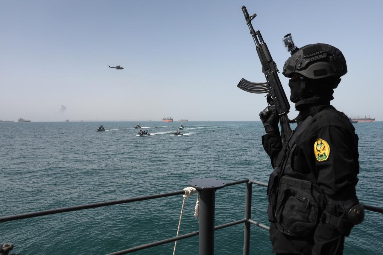 Naval units from Iran and Russia carry out a joint naval drills held at the Port of Bandar Abbas near the Strait of Hormuz in Hormozgan, Iran, Feb. 19, 2026. (Photo via Iranian Army/Handout)