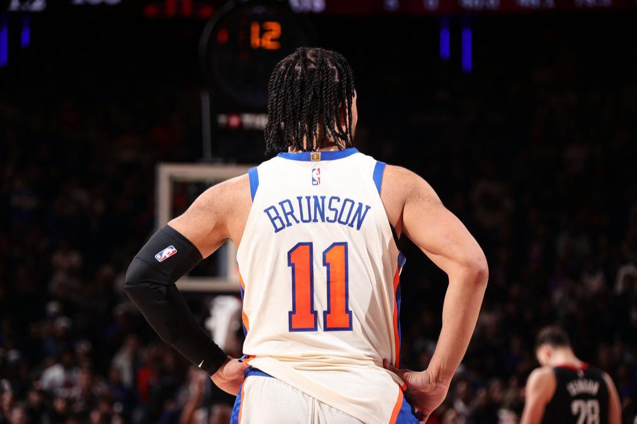 Jalen Brunson #11 of the New York Knicks looks on during the game against the Houston Rockets on February 21, 2026 at Madison Square Garden in New York City, New York. (Photo by Nathaniel S. Butler/NBAE/Getty Images/Getty Images via AFP)