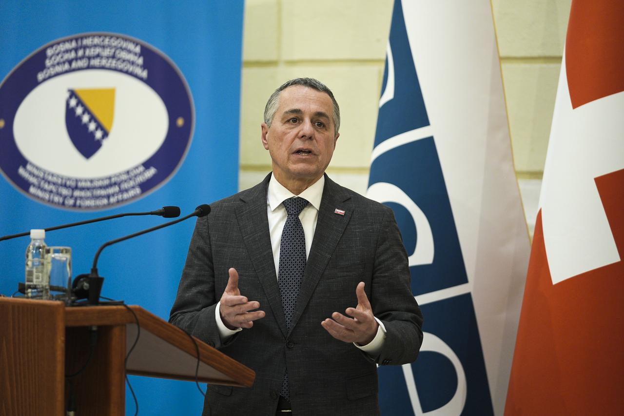 Photo shows Organization for Security and Co-operation in Europe (OSCE) Chairperson-in-Office and Swiss Foreign Minister Ignazio Cassis (L) during a press briefing in Sarajevo, Bosnia and Herzegovina, on Feb. 20, 2026. (AA Photo)