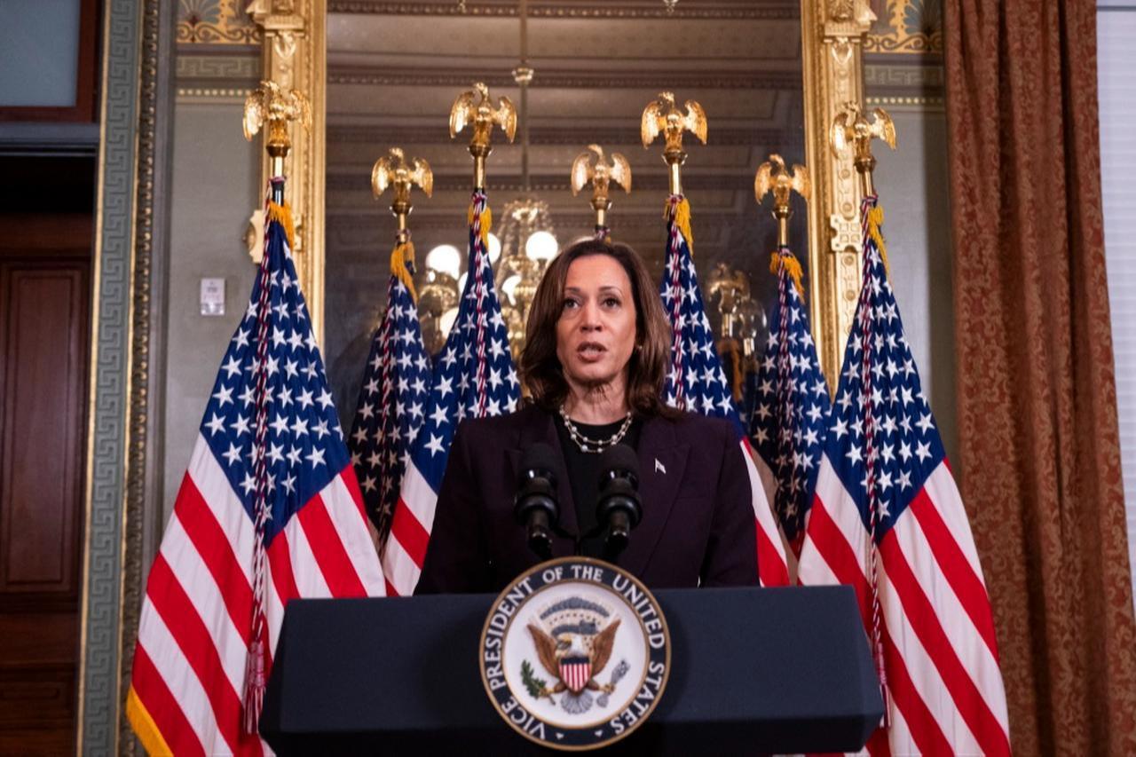 US Vice President Kamala Harris speaks to the press following a meeting with Israeli PM Benjamin Netanyahu at the Eisenhower Executive Office Building in Washington, DC, July 25, 2024. (AFP Photo)