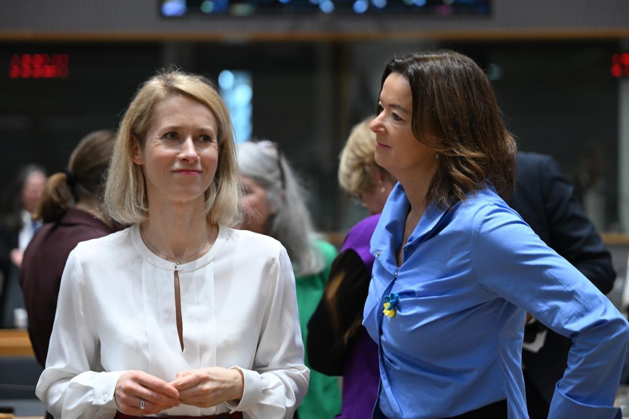 European Union High Representative for Foreign Affairs and Security Policy Kaja Kallas (L) and Slovenia’s Foreign Minister Tanja Fajon (R) attend a meeting in Brussels, Belgium, Feb. 23, 2026. (AA Photo)