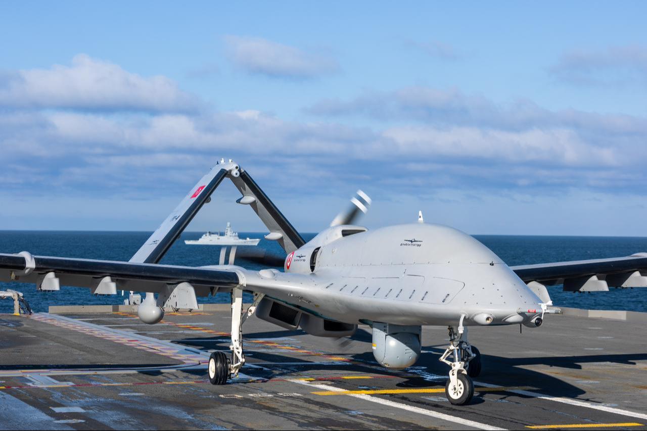 The Bayraktar TB3 unmanned combat aerial vehicle (UCAV), deployed on board TCG Anadolu as part of NATO's Steadfast Dart 2026 exercise, February, 2026. (AA Photo)