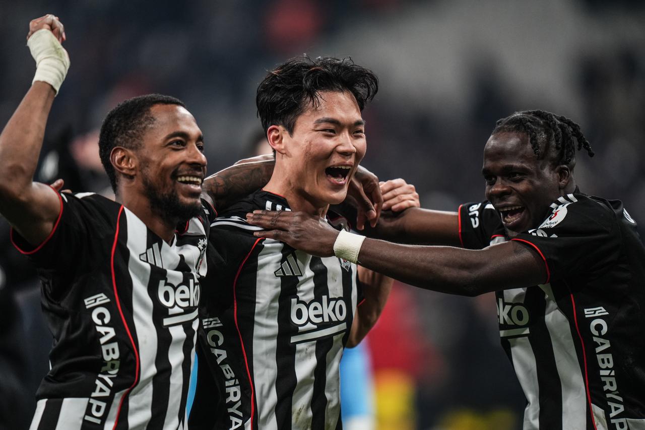 Besiktas players Michael Murillo (L), Hyeon-gyu Oh (C), and Junior Olaitan (R) celebrate the victory of their team, Istanbul, Türkiye, February 22, 2026. (AA Photo)