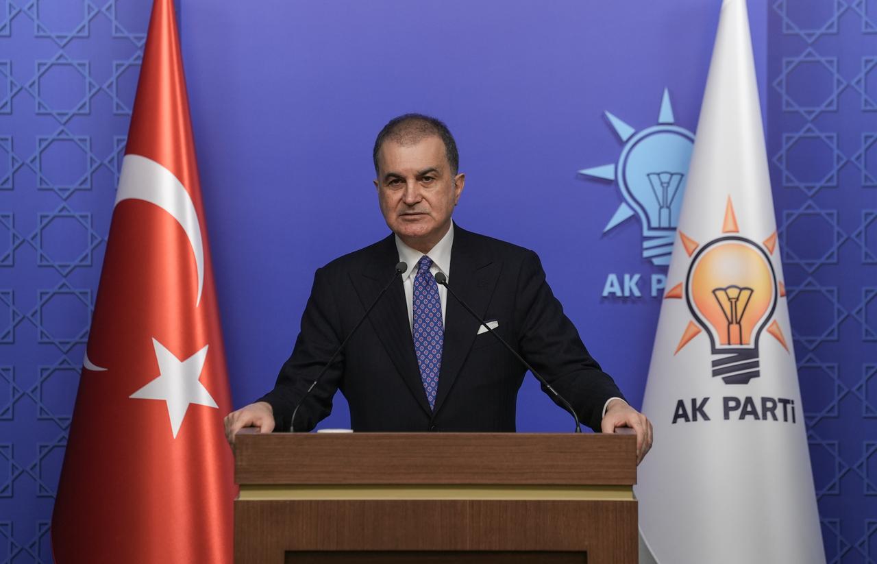 AK Party Deputy Chairman and Party Spokesperson Omer Celik speaking at the party headquarters in Ankara, Türkiye, Feb. 9, 2026. (AA Photo)