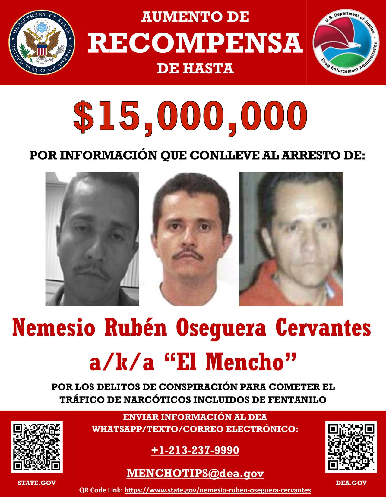 A reward poster published by the US State Department on December 4, 2024 shows the Mexican drug lord Nemesio Oseguera Cervantes, also known as El Mencho. (Photo via US State Department/HO)
