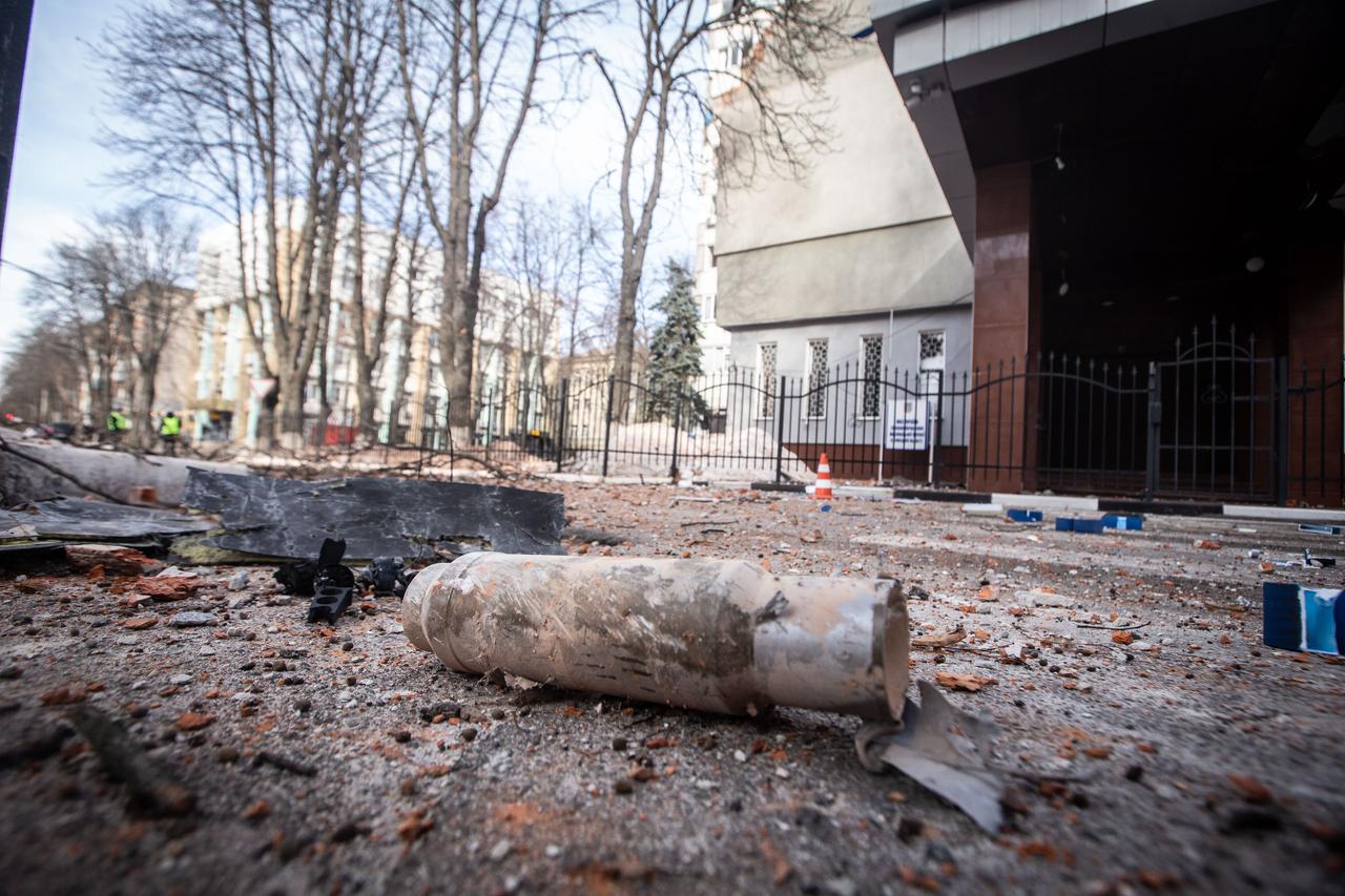 Pieces of a Russian drone after crashing into a building in Sumy, northeastern Ukraine, on February 17, 2026. (AA Photo)