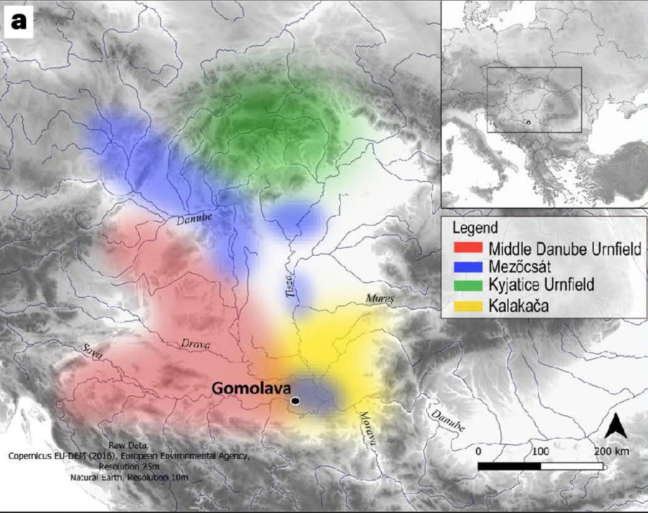 Map showing the location of Gomolava and early first millennium B.C. ceramic groups in the Southwest Carpathian Basin. (Courtesy of Sara Nylund)