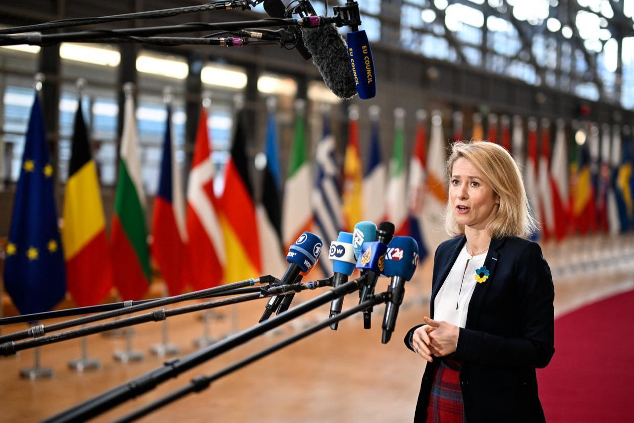 EU High Representative and Vice-President for Foreign Affairs and Security Policy Kaja Kallas speaks to the press as she arrives for the EU Foreign Affairs Council in Brussels, Feb. 23, 2026. (AFP Photo)
