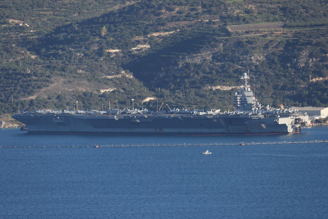 The USS Gerald R. Ford aircraft carrier docks at Souda Bay on Crete Island, Greece, on February 24, 2026. (AA Photo)