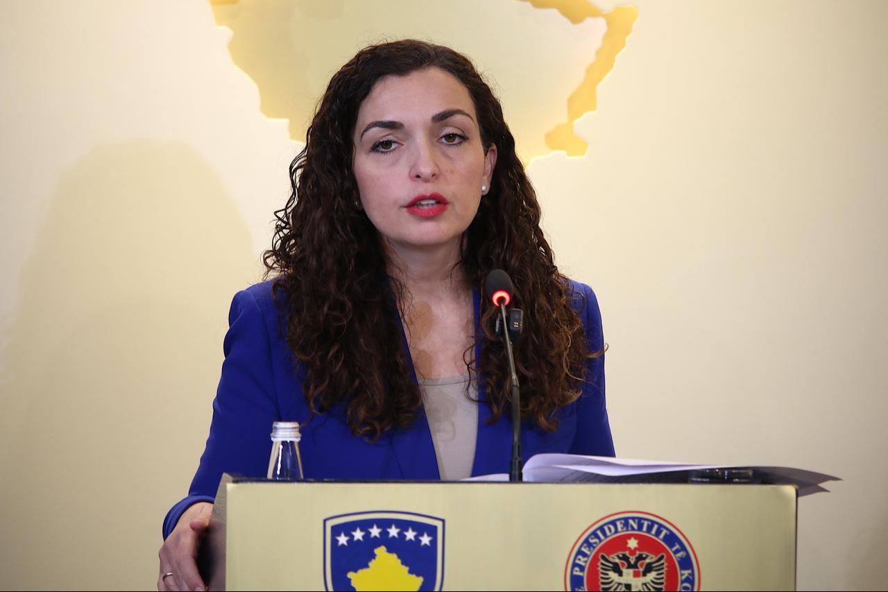 Kosovo President Vjosa Osmani speaks during a press conference in Pristina, Kosovo, on November 4, 2025. (AA Photo)