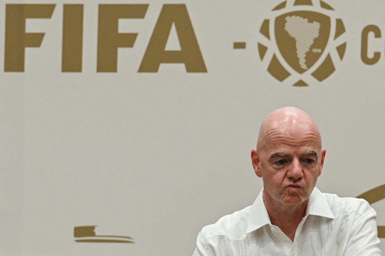 FIFA President Gianni Infantino gestures during his visit to the new Concentration Hotel of the Colombian Football Federation in Barranquilla, Colombia, February 24, 2026. (AFP Photo)