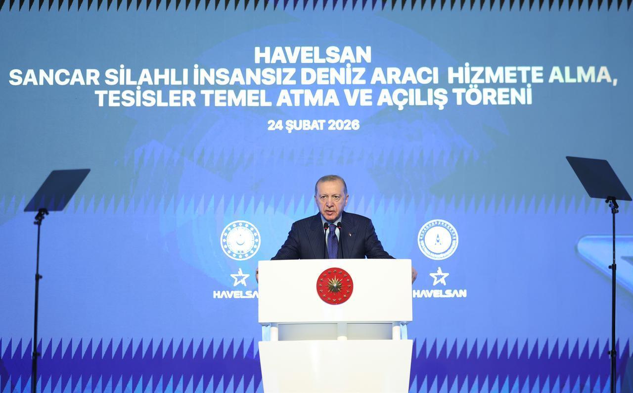 President Erdogan speaks at the Ceremony for Launch of Havelsan SANCAR USV, Groundbreaking and Opening of New Facilities at Havelsan Technology Campus in Ankara, Feb. 24, 2026. (Photo via Turkish Presidency/Mustafa Kamaci)