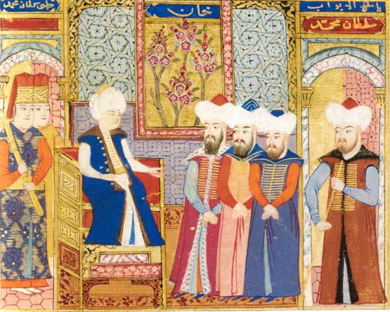 Ottoman miniature depicting Sultan Mehmed I receiving his dignitaries. (Image via Istanbul University Library)