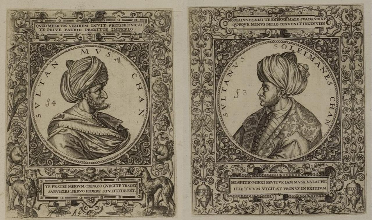 Engraved portraits of Ottoman princes Musa Celebi (left) and Suleyman Celebi (right), depicted in a late 16th-century print by Johann Theodor de Bry, published in Frankfurt in 1648. (Image via Wikimedia)