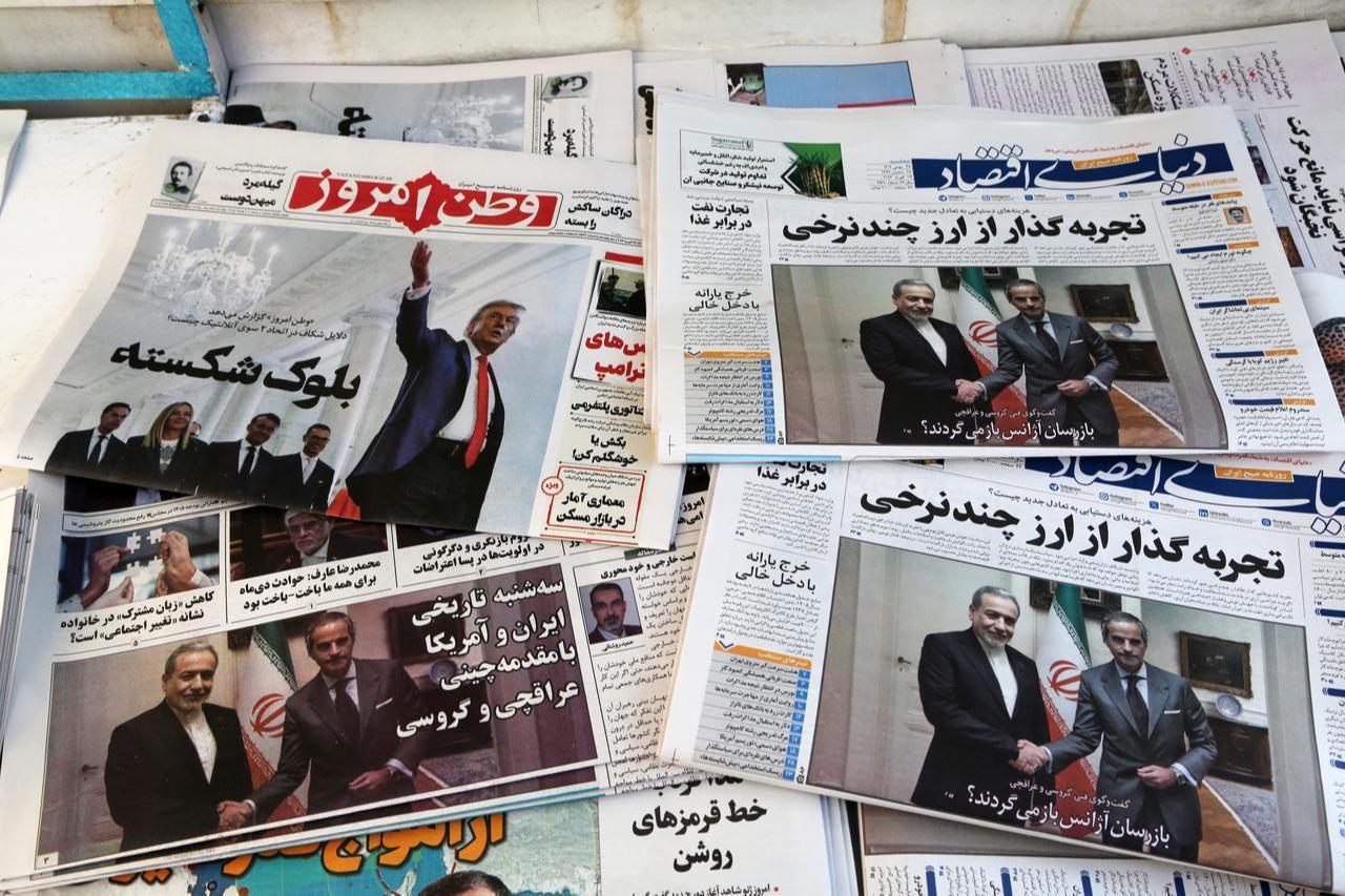 Iranian newspapers widely covered the headlines regarding the second round of indirect negotiations between Iran and the US in Geneva, Feb. 17, 2026 in Tehran, Iran. (AA Photo)