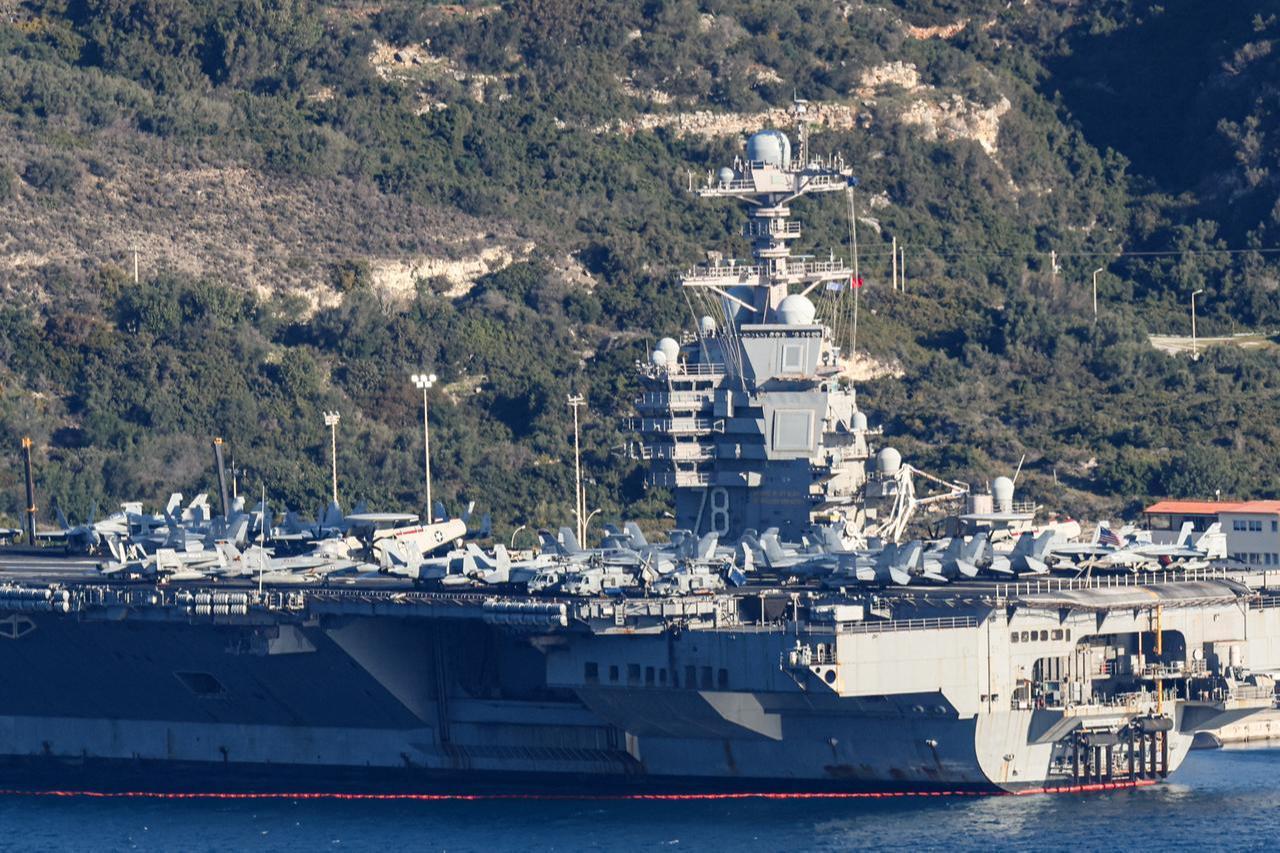 US aircraft carrier USS Gerald Ford is pictured docked at Souda Bay in the Greek Mediterranean island of Crete, on February 24, 2026. (AFP Photo)